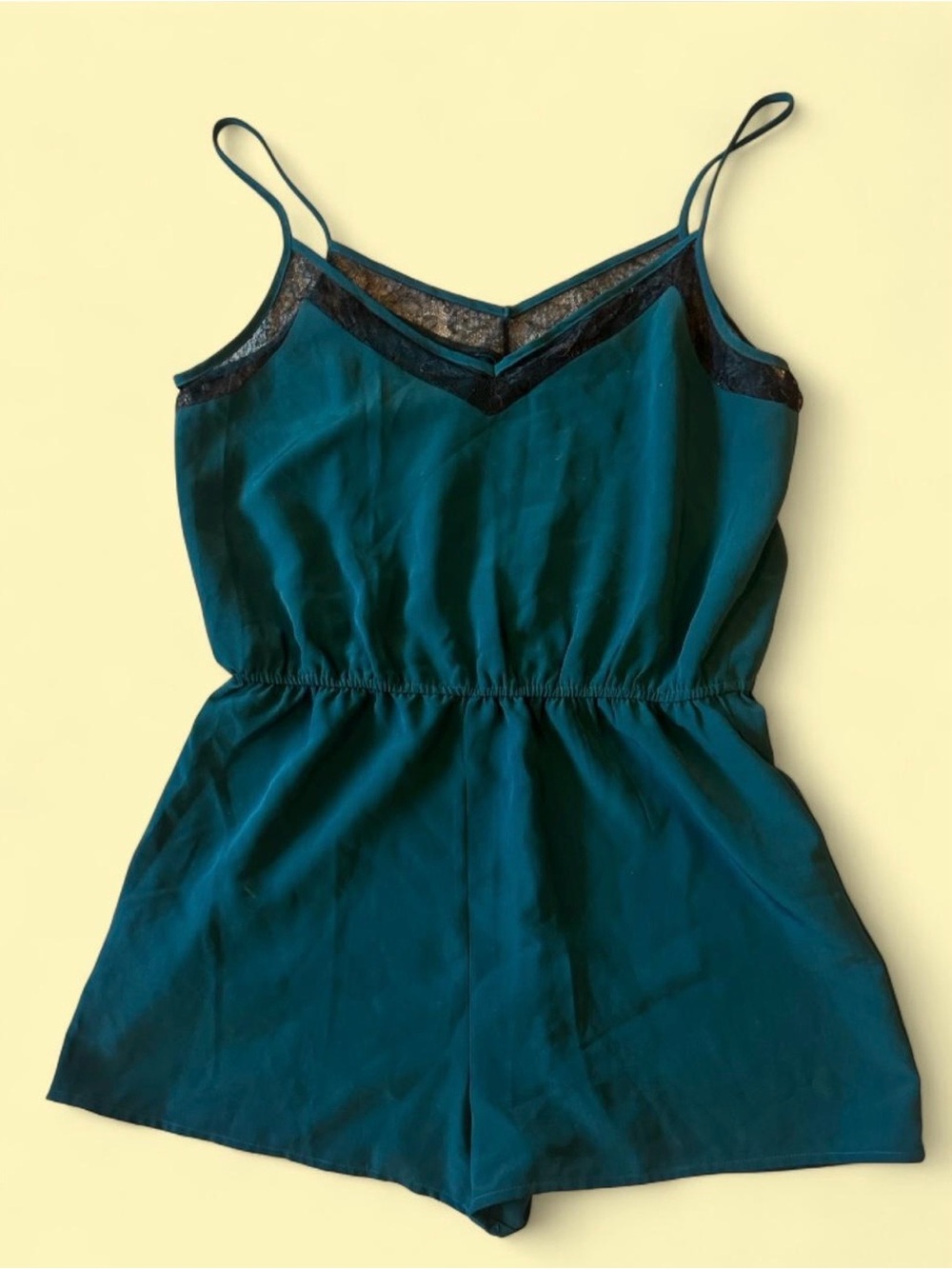 Forever 21 Teal Camisole Romper with Black Lace Trim